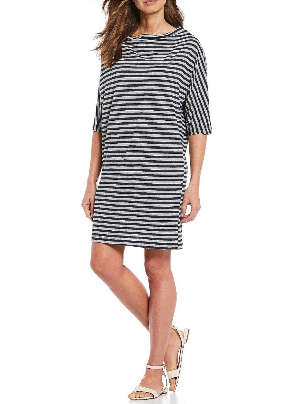 Bryn Walker Ingrid Boat Neck Tunic Dress Small Navy Gray Striped Organic Cotton